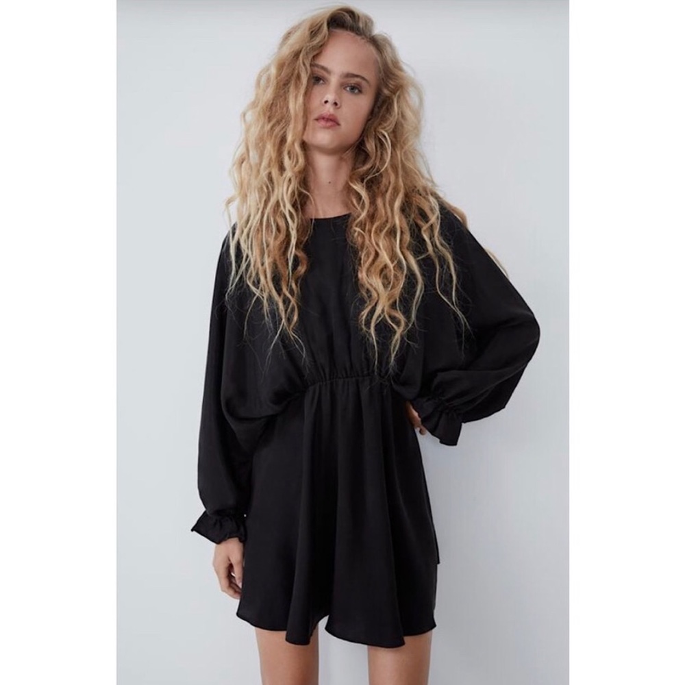 Zara Voluminous Satin Effect Black Mini Dress